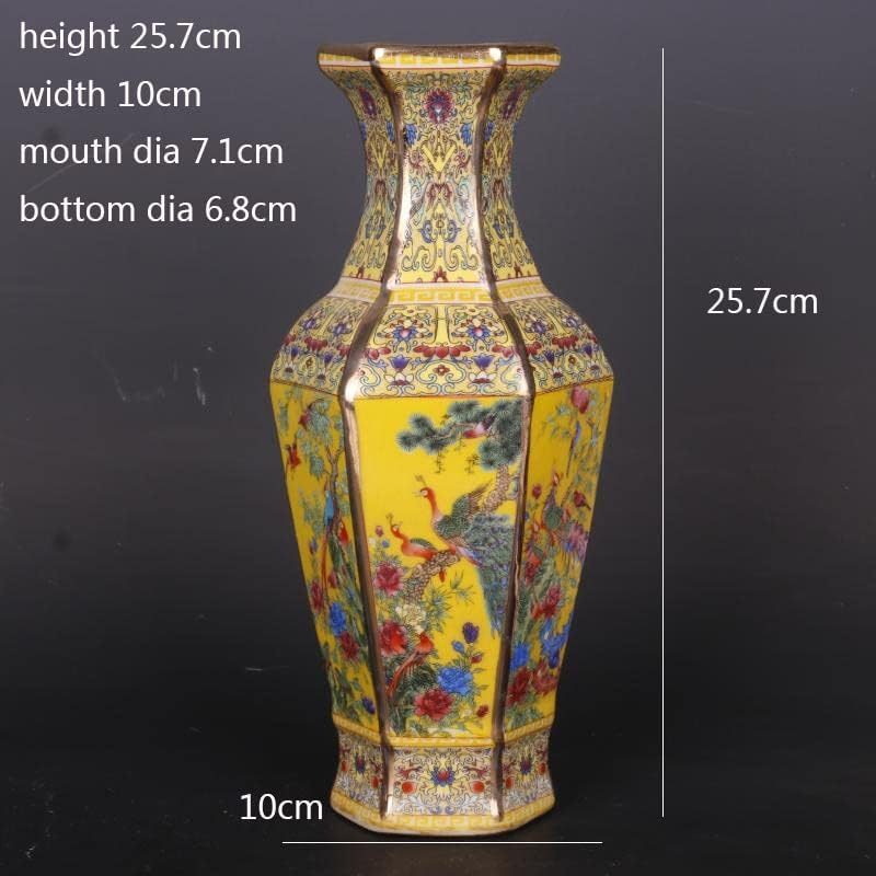 ZSEDP 景德镇古董珐琅六边形花瓶 黄色花鸟图案花瓶