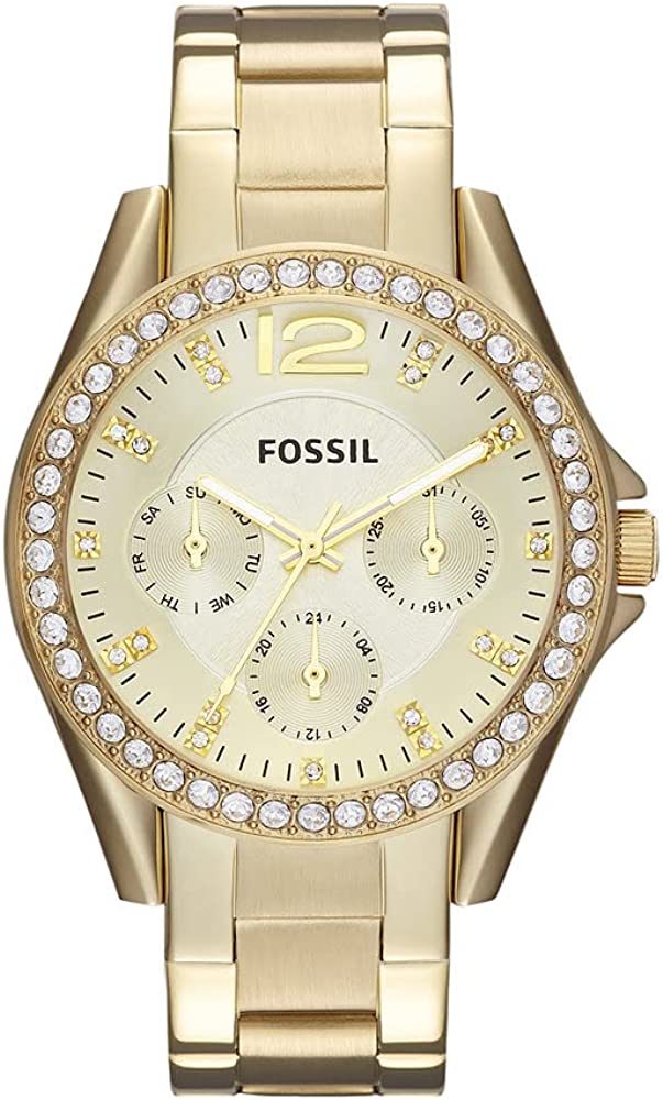 Fossil 女式 Riley 不锈钢水晶装饰多功能石英手表
