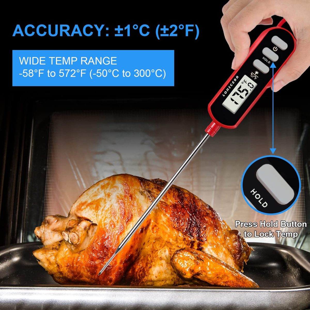 Lonicera 即时读取数字肉类温度计，用于烹饪食物、面包烘焙、水和液体温度、防水和糖果长探头，带背光 LCD 和磁铁（红色）