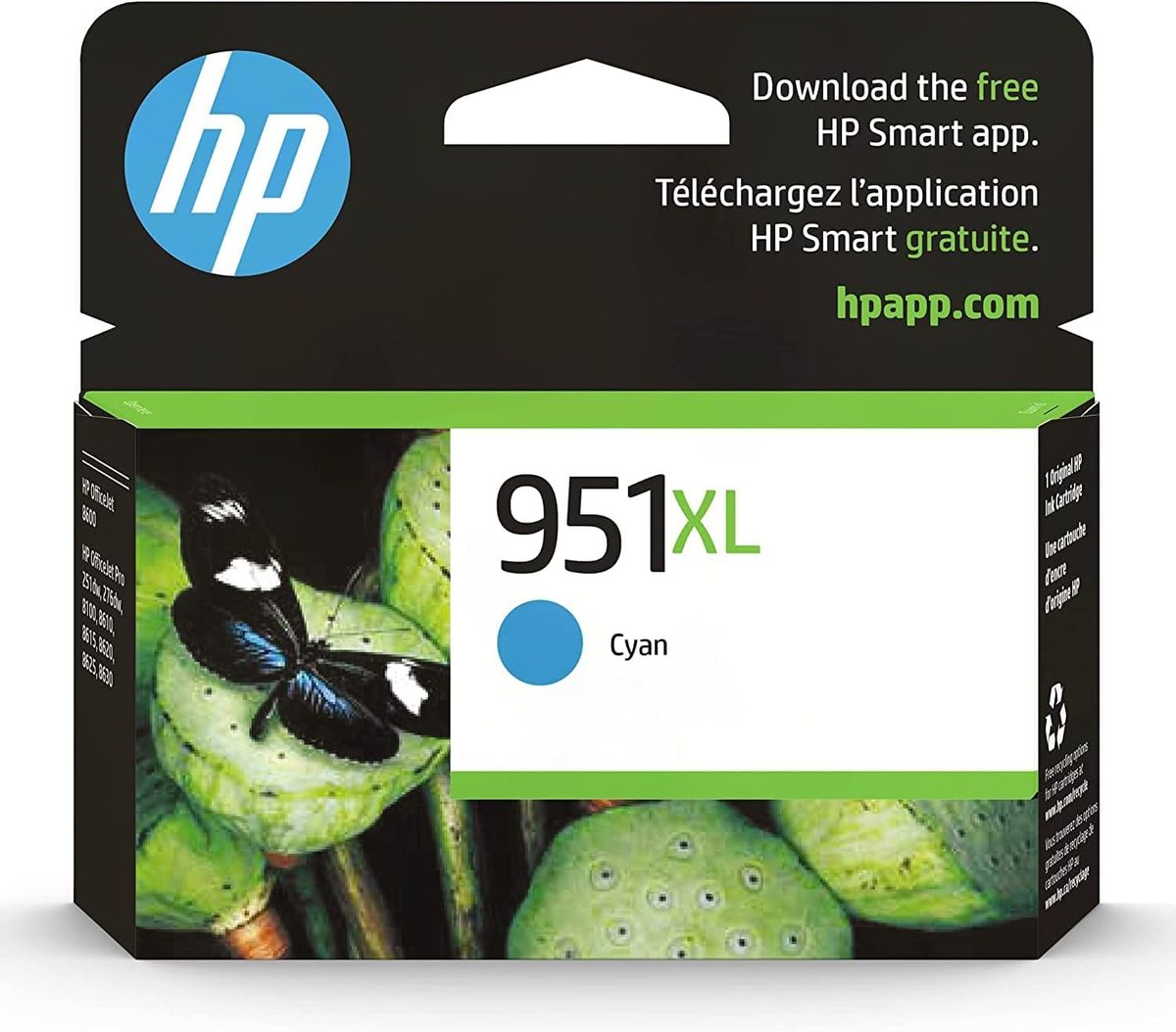 HP 951XL 青色高印量墨盒 |适用于 HP OfficeJet 8600、HP OfficeJet Pro 251dw、276dw、8100、8610、8620、8630 系列 |有资格使用 Instant Ink | CN046AN