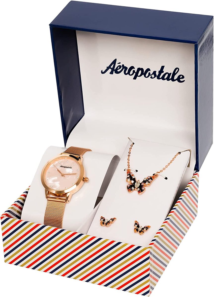 Aéropostale 简约手表和珠宝 4 件套礼品套装玫瑰金金灰色 1 手表 1 配套项链 2 配套耳环