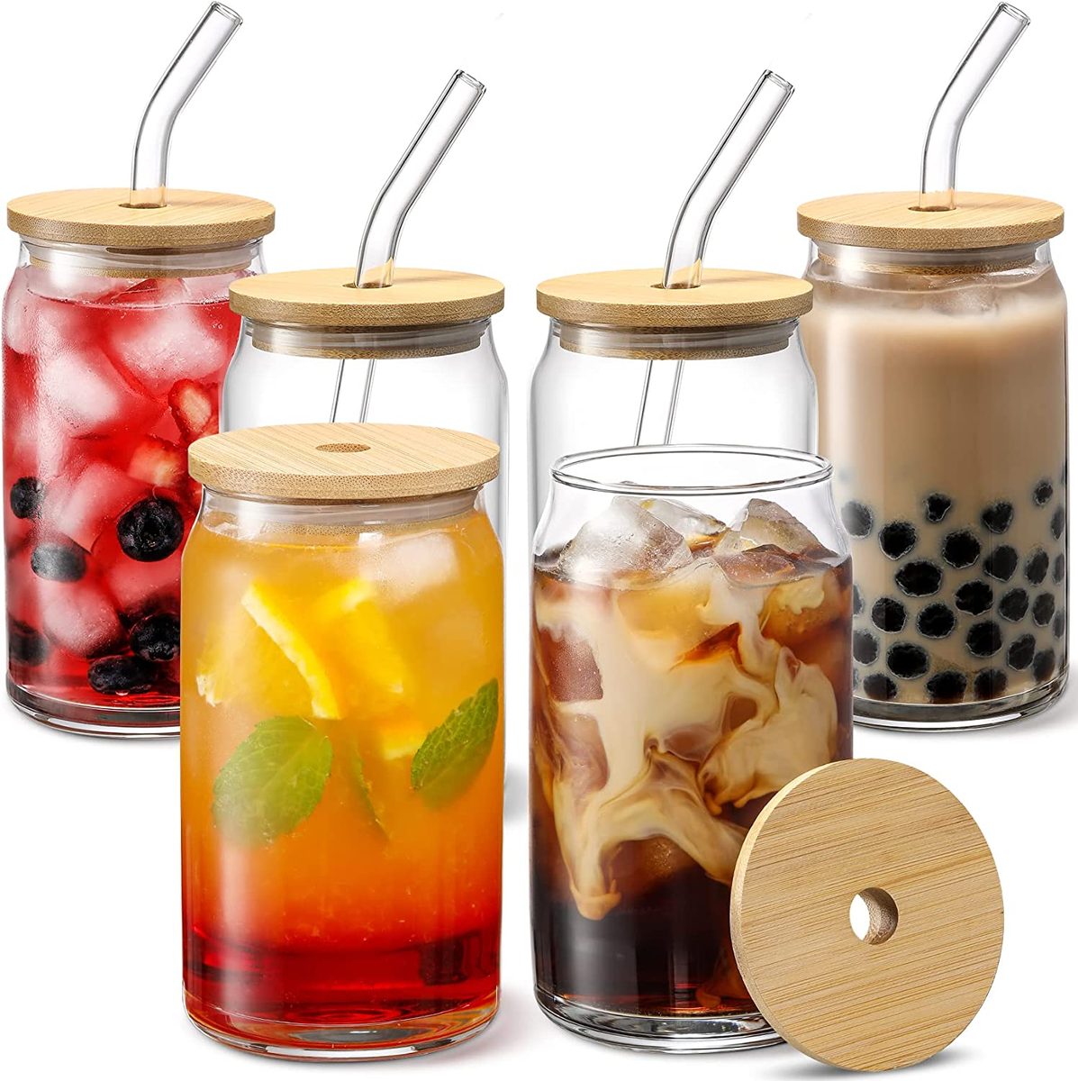 6 件套 ] 带竹盖和玻璃吸管的玻璃杯 - 啤酒罐形状水杯，16 盎司冰咖啡杯，可爱的冰沙杯，波巴茶，威士忌，水 - 2 个清洁刷