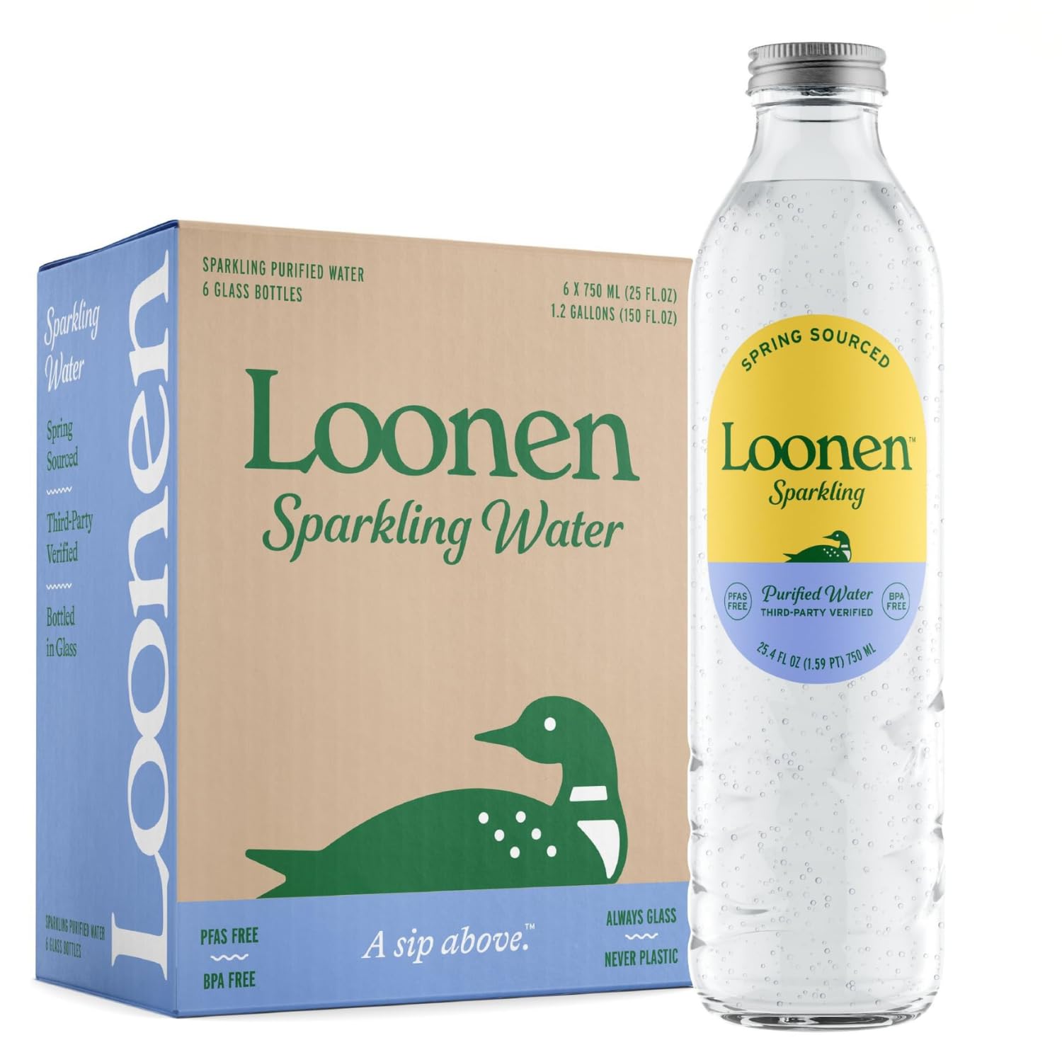 Loonen Spring来源的苏打水，玻璃瓶装高碳酸，矿物质，镁，钾，钙，钠，不含PFAS，不含塑料，NSF认证，美国制造，每包6750mL