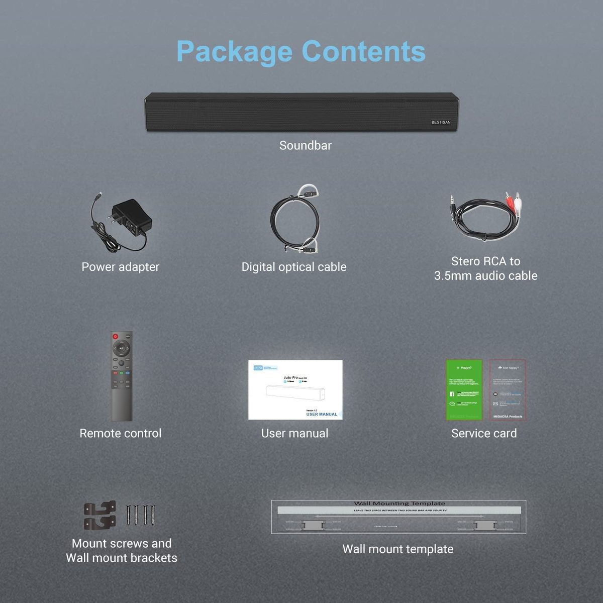 BESTISAN，100 瓦 HDMI 条形音箱，适用于带内置低音炮家庭影院系统的电视（32 英寸，子输出端口，蓝牙 5.0，3 种音频模式，低音可调，壁挂式，2022 升级版）