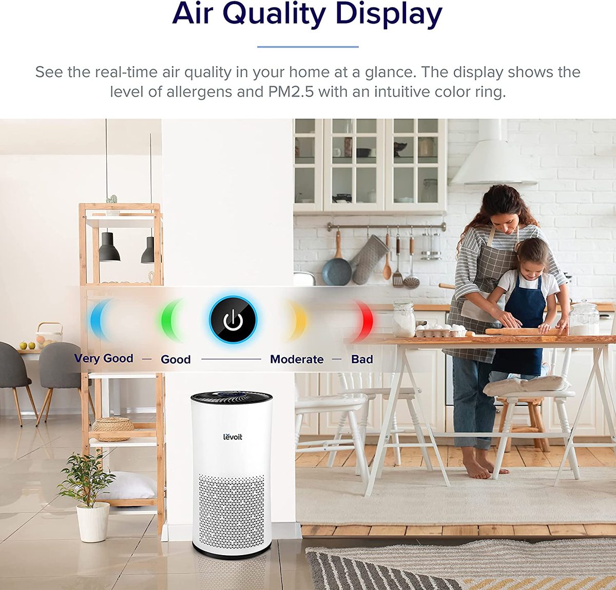 LEVOIT 家用大房间空气净化器，适用于卧室的 H13 真正 HEPA 过滤器，自动模式，过敏和宠物清洁剂，烟雾霉菌花粉粉尘，LV-H133，白色