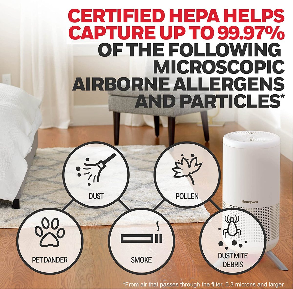 Honeywell Designer UltraQuiet Technology HEPA 空气净化塔，中大型房间（190 平方英尺）白色 - 具有智能自动模式 - 野火、烟雾和空气中的过敏原空气净化器，HPA830