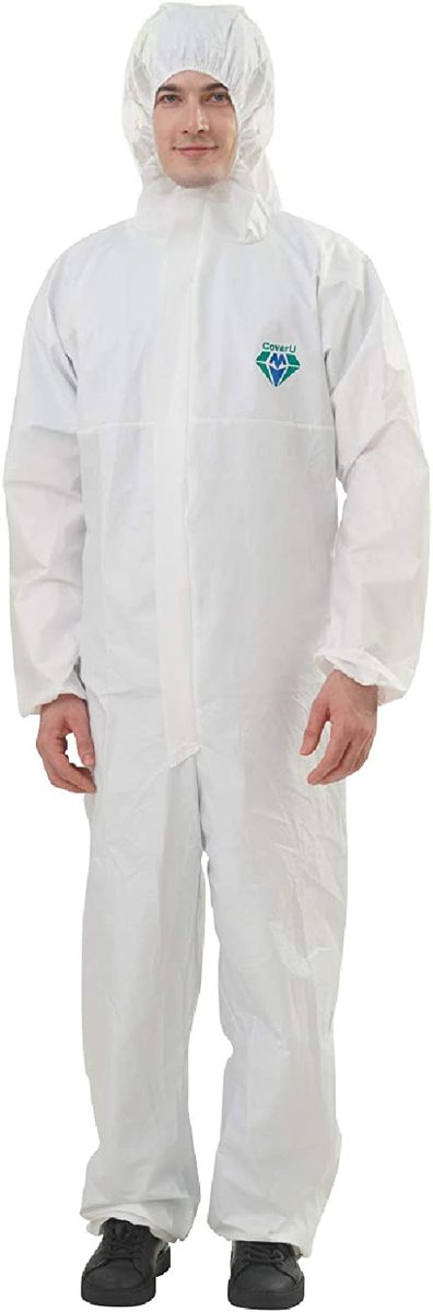 Medtecs Hazmat 套装 - 6 种尺寸选项（1 件）- 织物通过 AAMI 4 级一次性防护服 PPE 套装用于生物危害化学防护 - CoverU 全身防护服带罩 |大号