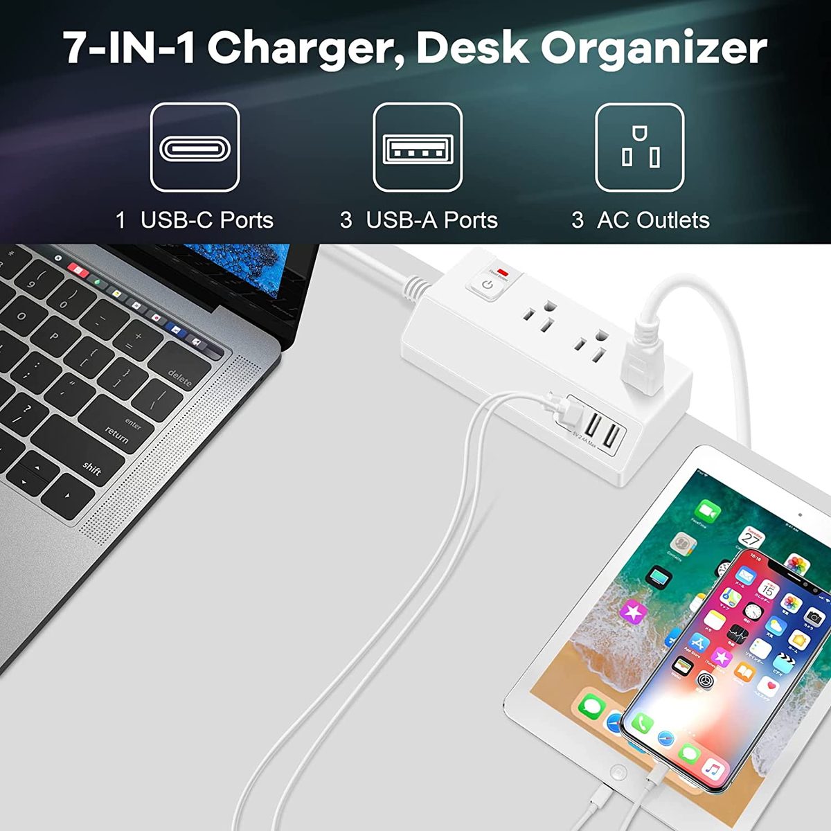 带 USB C 的桌夹式电源板 (20W PD) - 带 3 个插座和 4 个 USB 端口的可拆卸浪涌保护器 - 多插座插头边缘安装桌面电源充电集线器 - 家庭办公桌配件