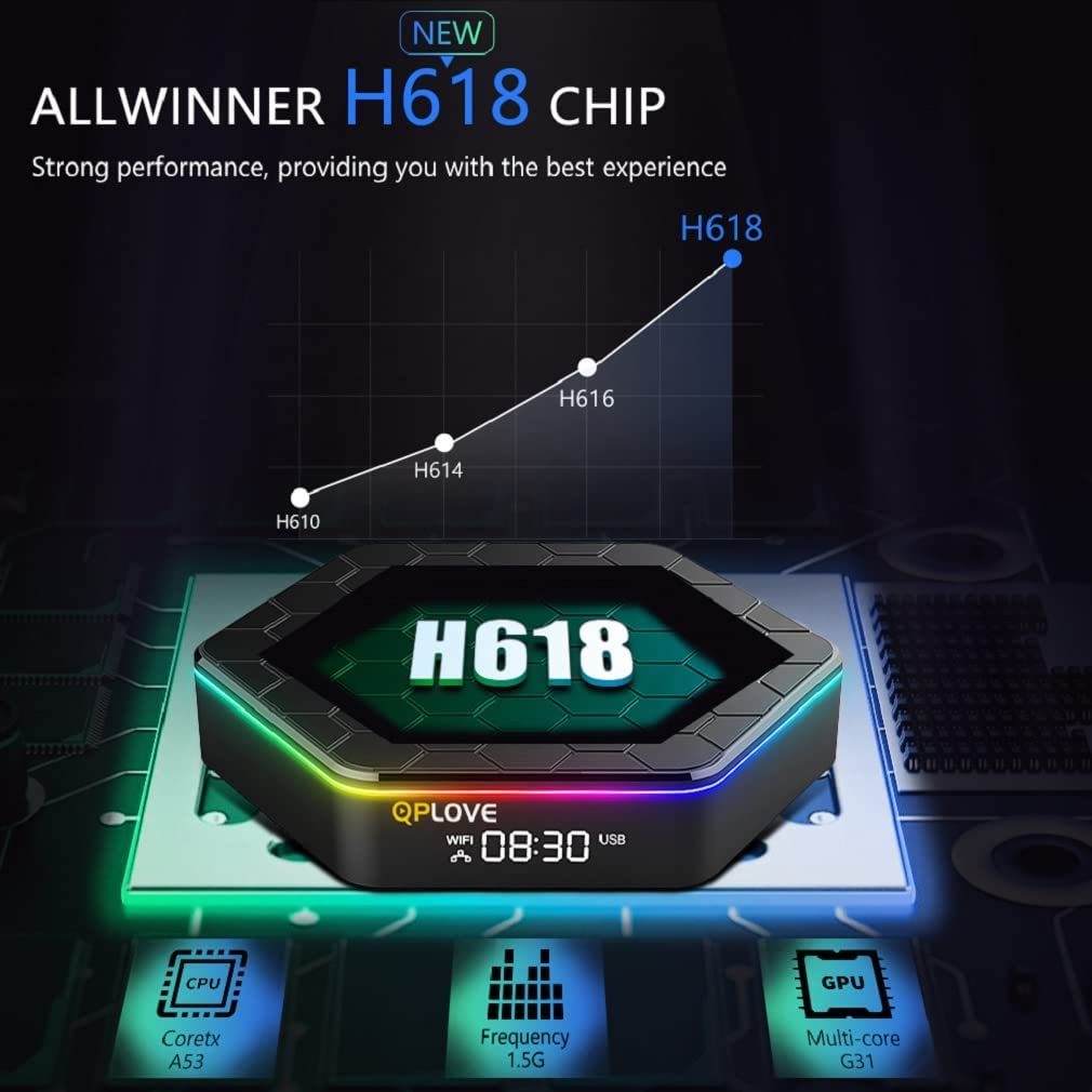 Android 电视盒 12.0 4GB 32GB H618 智能机顶盒支持 WiFi6 2.4GHz/5GHz 超高清分辨率蓝牙 5.0 以太网 LAN 100M 3D 6K 流畅稳定的播放器