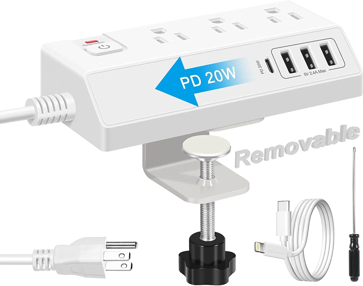 带 USB C 的桌夹式电源板 (20W PD) - 带 3 个插座和 4 个 USB 端口的可拆卸浪涌保护器 - 多插座插头边缘安装桌面电源充电集线器 - 家庭办公桌配件