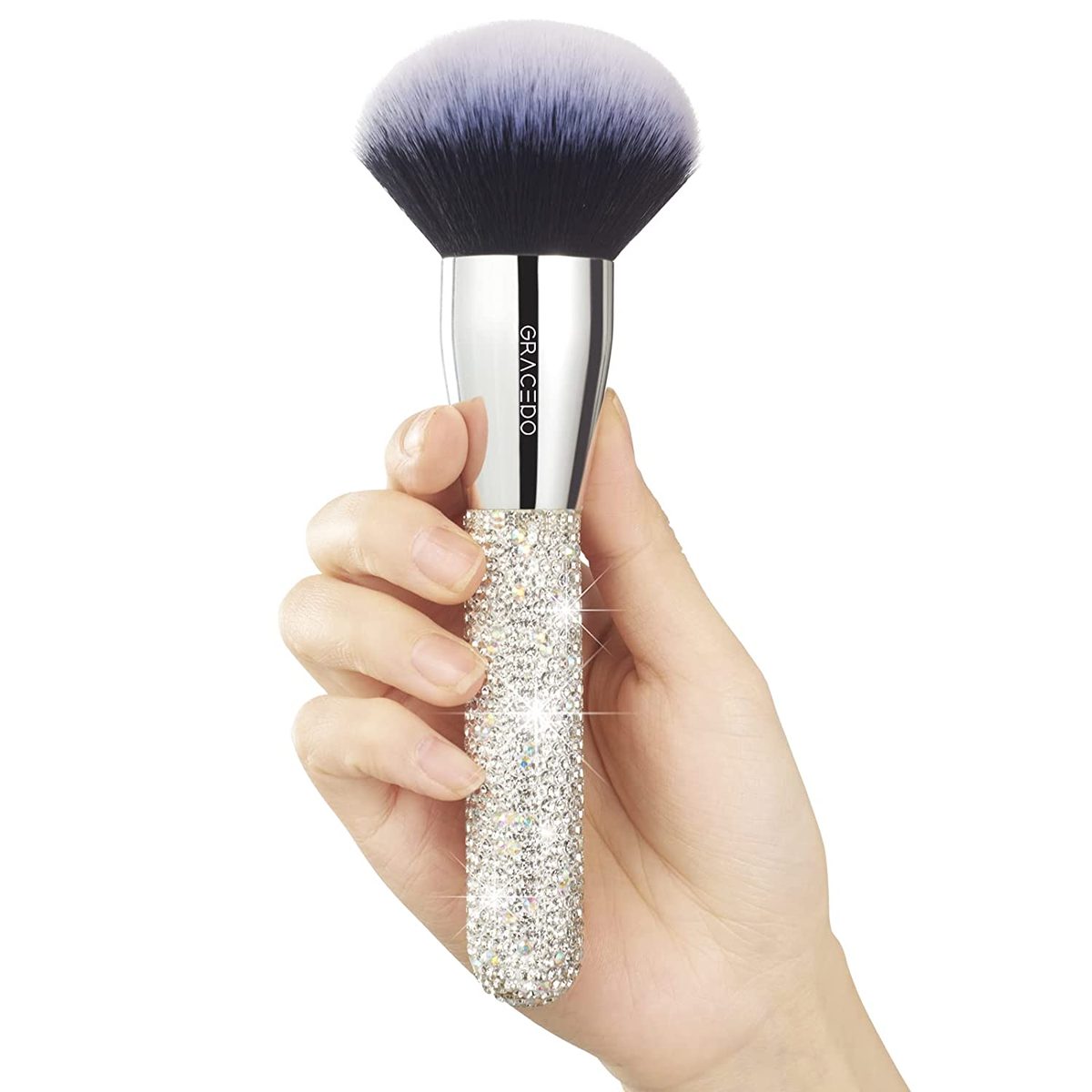 Bling Powder 化妆刷，带钻石水钻手柄，大号矿物全脸定妆粉底刷，Vegan Face Foundation Brush 用于古铜色修容，松散、矿物、紧凑、半透明粉末