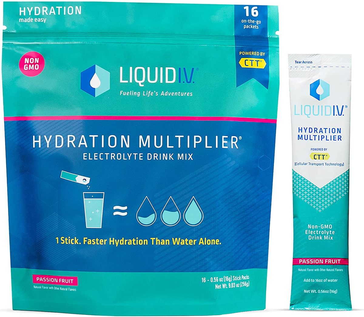 液体 IV 补水倍增器 - 百香果 - 补水粉包 |电解质混合饮料 |易开单份棒 |非转基因 | 16支