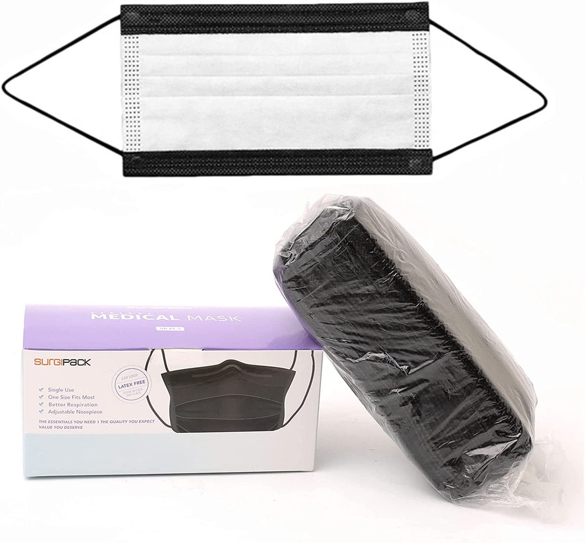MFCRERO Surgipack Healthy Supplies 黑色一次性防护面罩、耳挂和可调节安全面罩，日常使用的无纺布面罩，50 片装