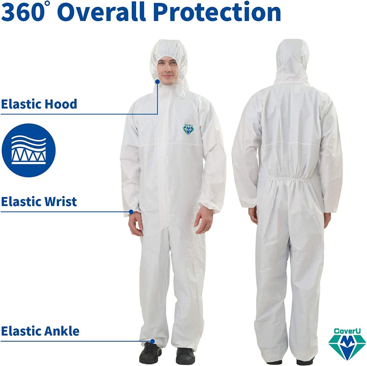 Medtecs Hazmat 套装 - 6 种尺寸选项（1 件）- 织物通过 AAMI 4 级一次性防护服 PPE 套装用于生物危害化学防护 - CoverU 全身防护服带罩 |大号