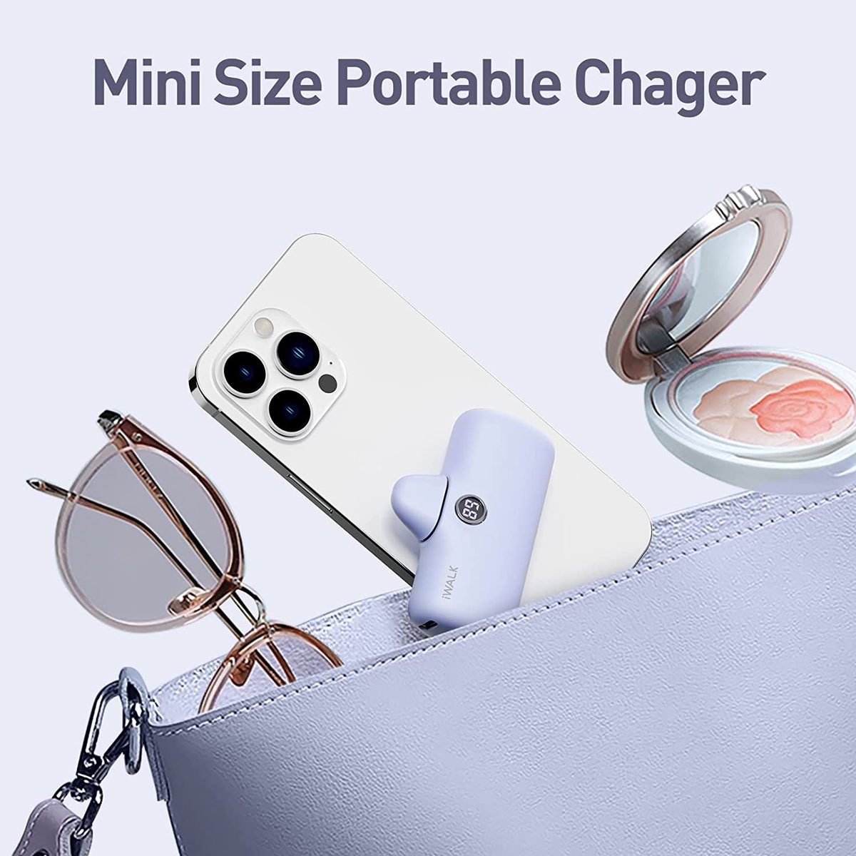 iWALK<linkPod 便携式充电器 4800mAh 移动电源 PD 快速充电小型扩展坞电池带 LED 显示屏兼容 iPhone 14/14 Pro Max/13/13 Pro Max/12/12 Pro/11/X/8/7/6,紫色