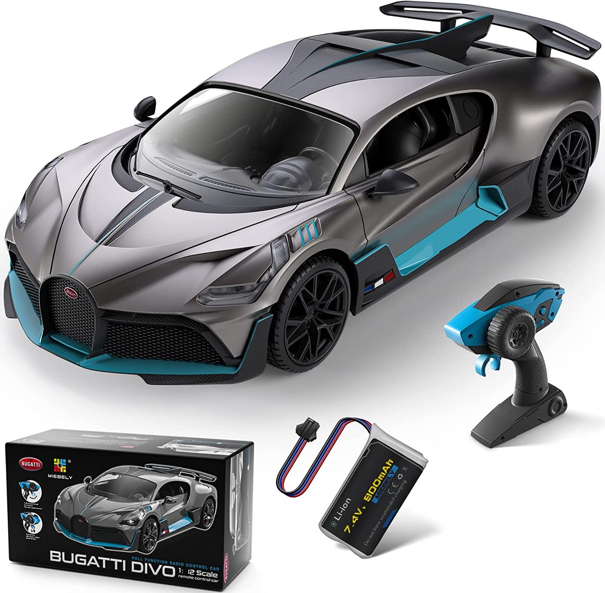 MIEBELY 遥控车，Bugatti Divo 1/12 比例遥控车 12 公里/小时，2.4Ghz 许可模型车 7.4V 900mAh 玩具车头灯成人男孩女孩 6-12 岁生日创意礼物
