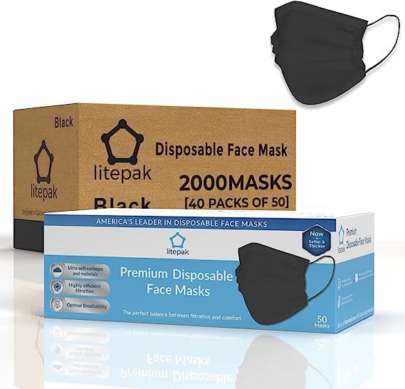 Litepak 2000 片一次性口罩黑色 3 层成人口罩鼻线保护 - 透气防护面罩