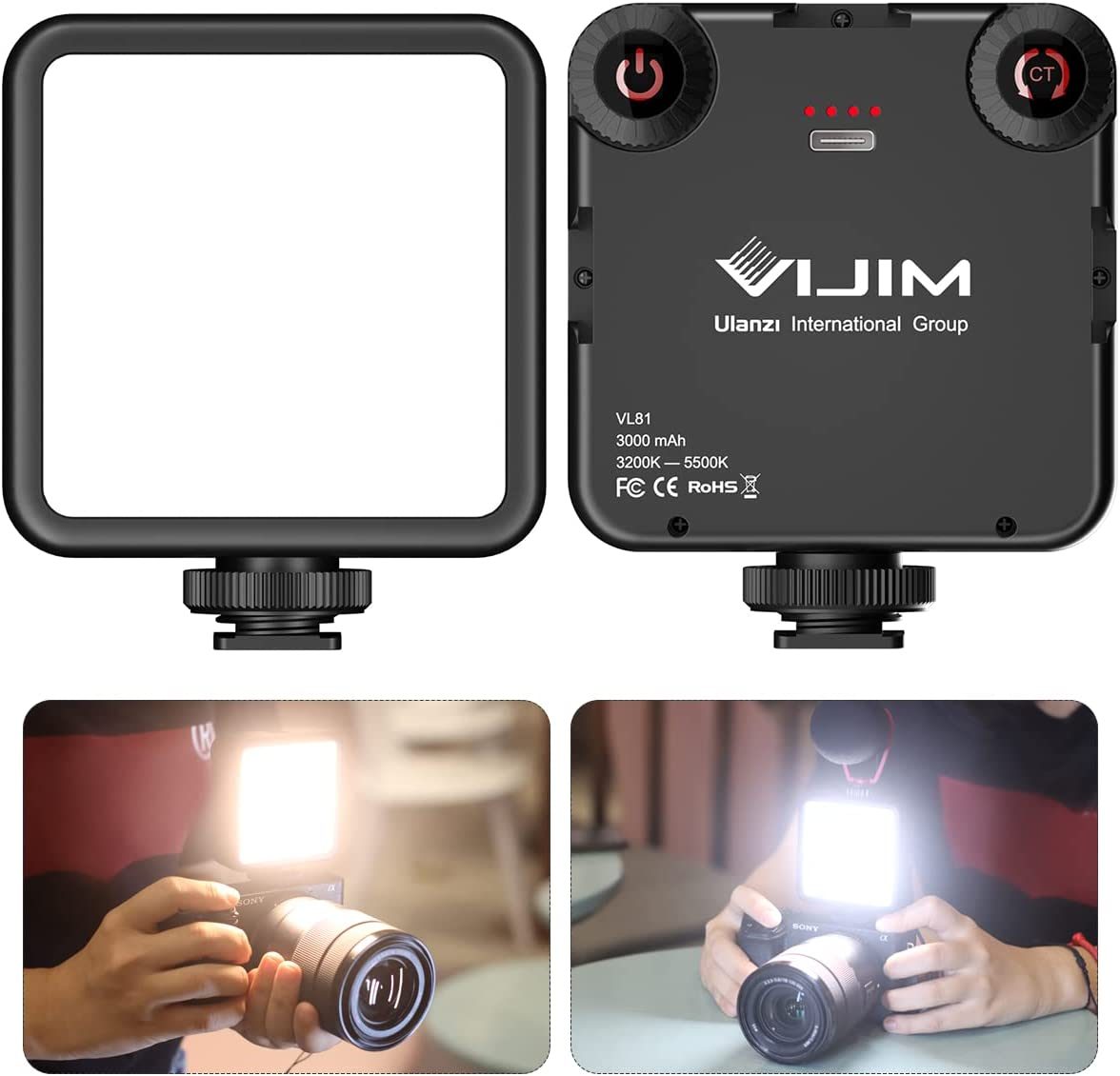 VL-81 LED 摄影灯带柔光箱，便携式摄影灯 Cold Shoe 机载摄影灯 CRI95+ 3200K-5600K 双色 3000mAh 可充电可调光 Vlog 灯适用于 DSLR 摄像机 Gopro
