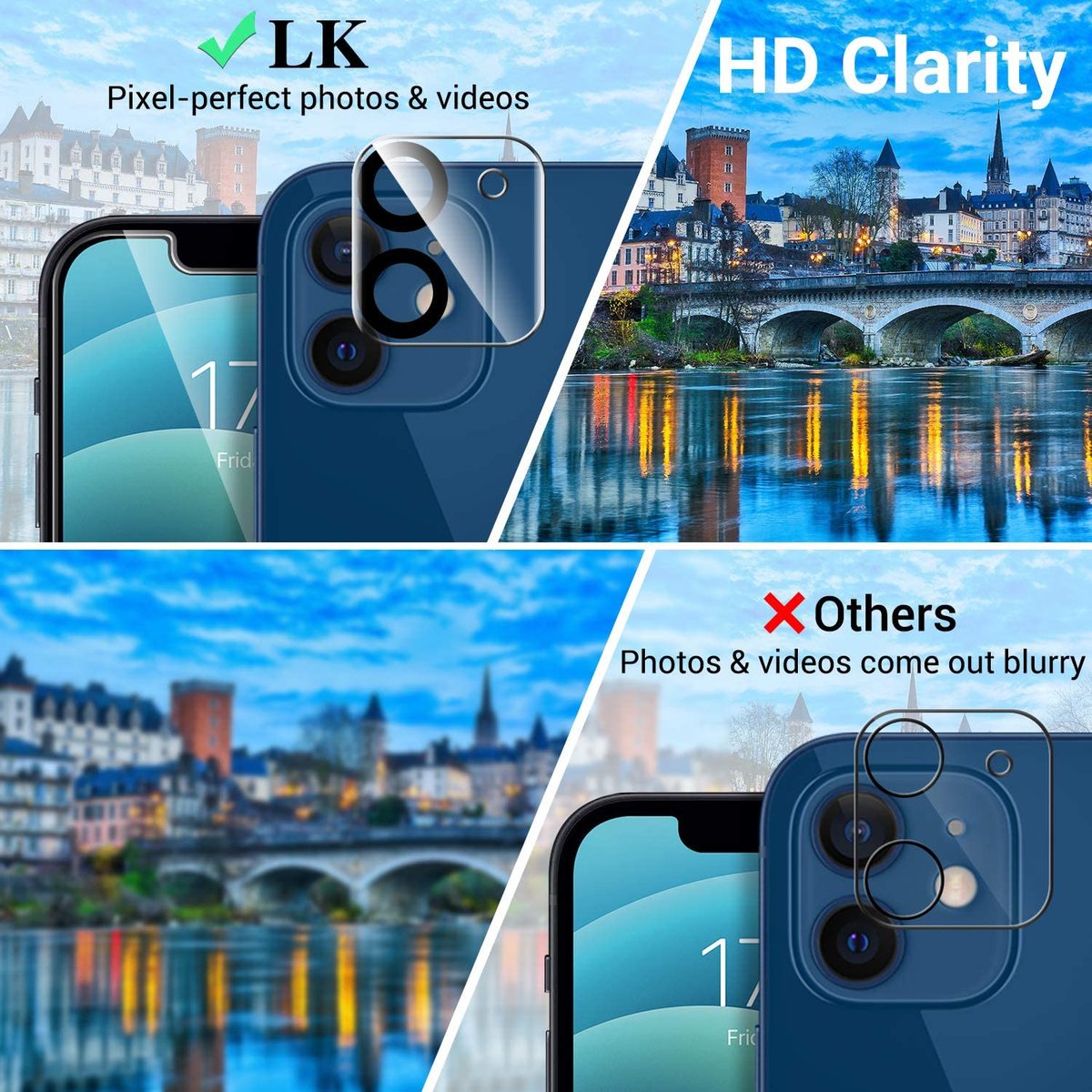 [3+3+1] LK 3 件装 iPhone 12 屏幕保护膜 + 3 件装带对准框的镜头保护膜，[9H] 钢化玻璃，防刮擦，无气泡，适用于 iPhone 12 的光滑触摸屏保护膜，透明，6.1 英寸
