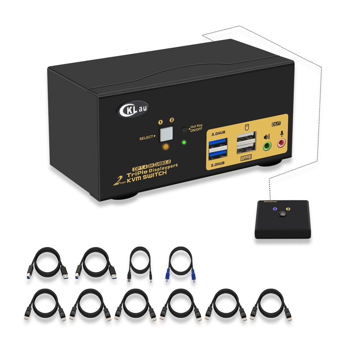 CKLau 2 端口 USB 3.0 三显示器 KVM 切换器 Displayport 1.4 支持 8K@30Hz 4K@144Hz, 2 台计算机 3 显示器视频键盘鼠标外设音频共享选择器盒带电缆