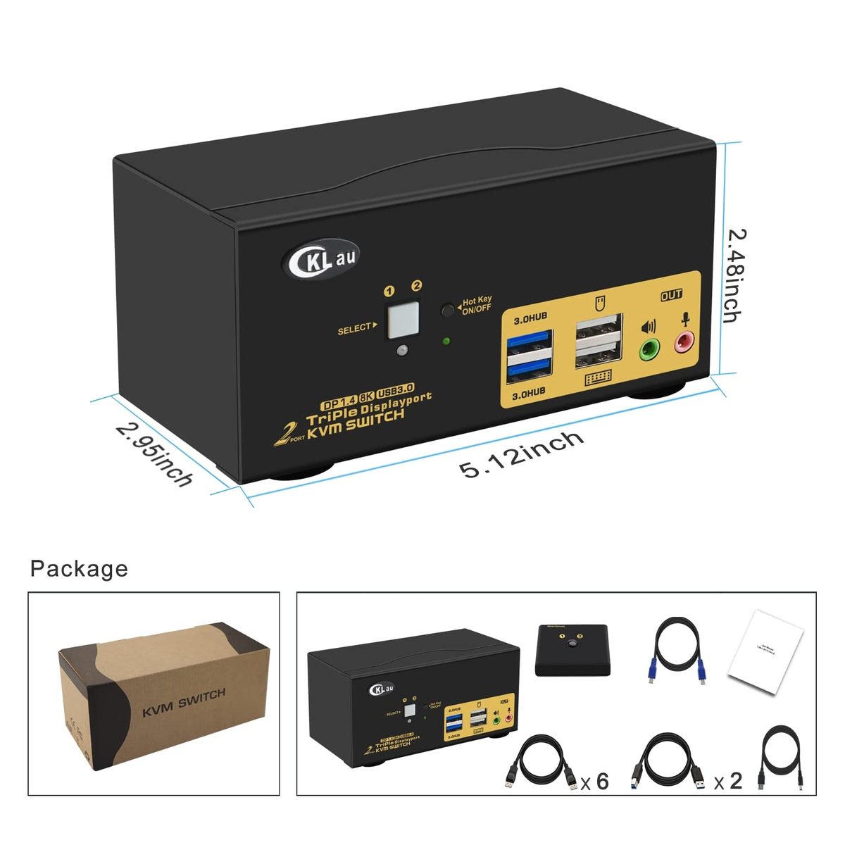 CKLau 2 端口 USB 3.0 三显示器 KVM 切换器 Displayport 1.4 支持 8K@30Hz 4K@144Hz, 2 台计算机 3 显示器视频键盘鼠标外设音频共享选择器盒带电缆