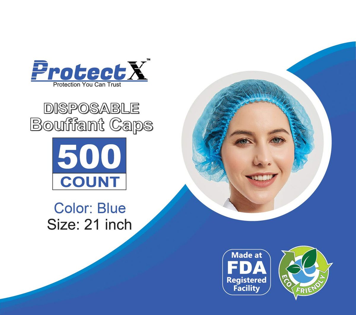 ProtectX 一次性蓬松（发网）帽头发头罩网 21 英寸（蓝色 500 包）