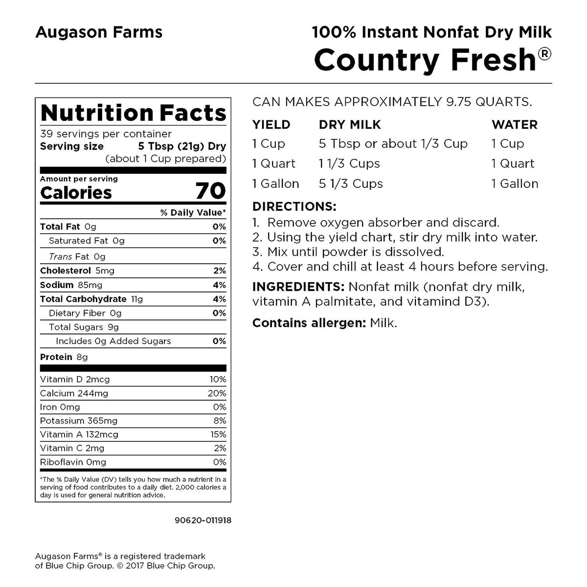Augason Farms 早餐和晚餐 Var Food Supply 每日膳食 4 Ga Country Fant 脱脂奶粉，1 磅，13 盎司。