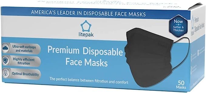 Litepak 2000 片一次性口罩黑色 3 层成人口罩鼻线保护 - 透气防护面罩