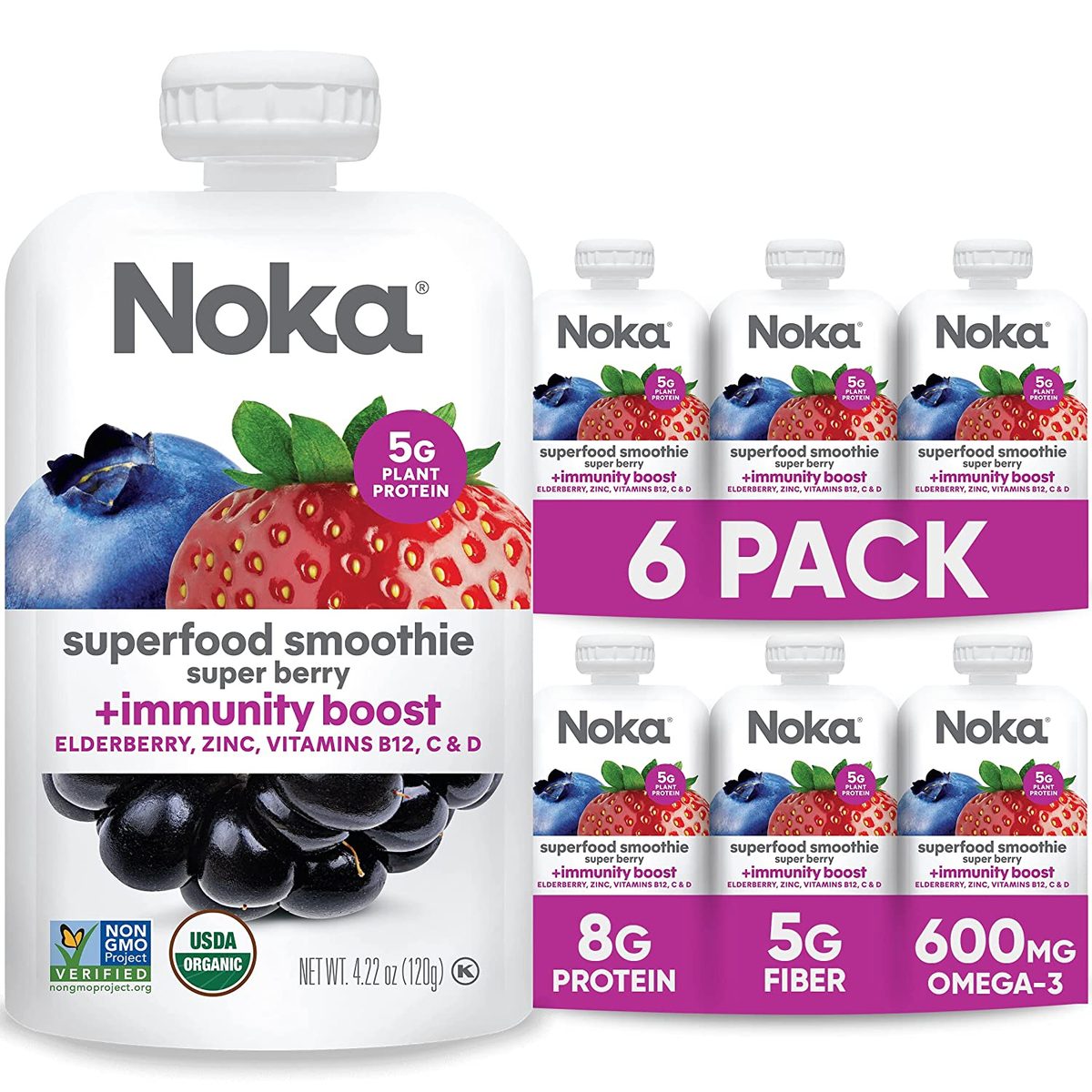 Noka Superfood 水果冰沙袋，具有免疫支持的超级浆果，含亚麻籽、接骨木浆果和植物蛋白的健康零食，不含素食和麸质，有机挤压袋，4.22 盎司，6 件