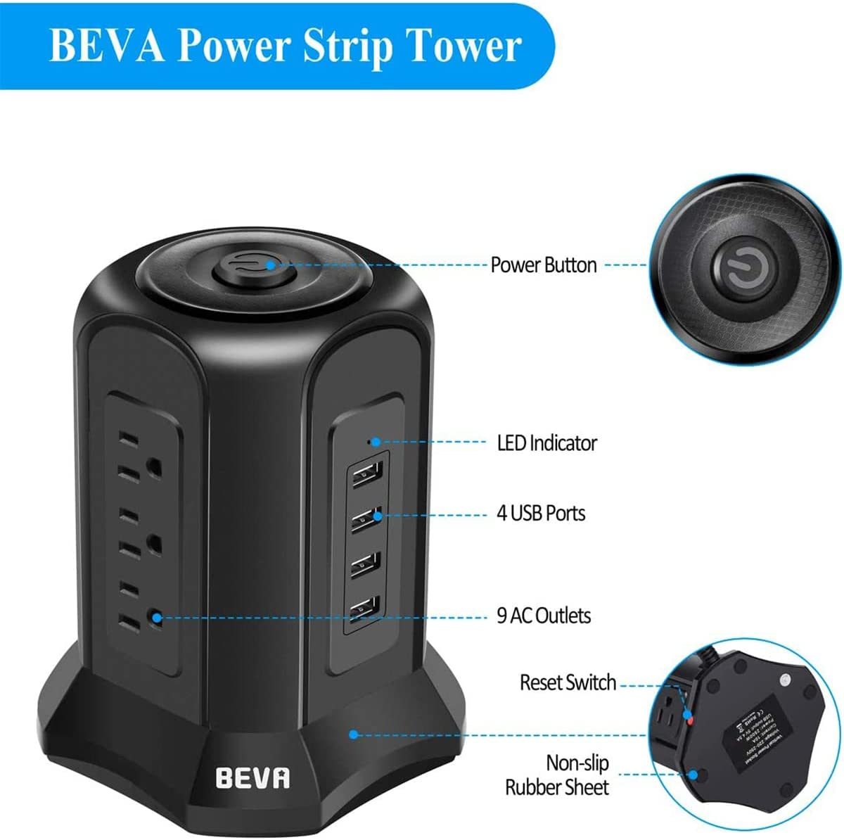 Power Strip Tower 浪涌保护器 BEVA 10 英尺扁平插头桌面充电站 9 个交流电源插座 4 个 USB 端口，900 焦耳，用于家庭办公设备智能手机电脑平板电脑的长延长线（黑色）