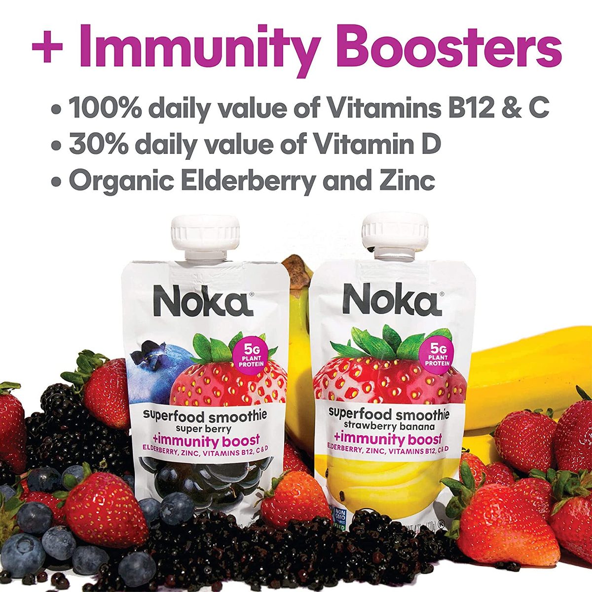 Noka Superfood 水果冰沙袋，具有免疫支持的超级浆果，含亚麻籽、接骨木浆果和植物蛋白的健康零食，不含素食和麸质，有机挤压袋，4.22 盎司，6 件