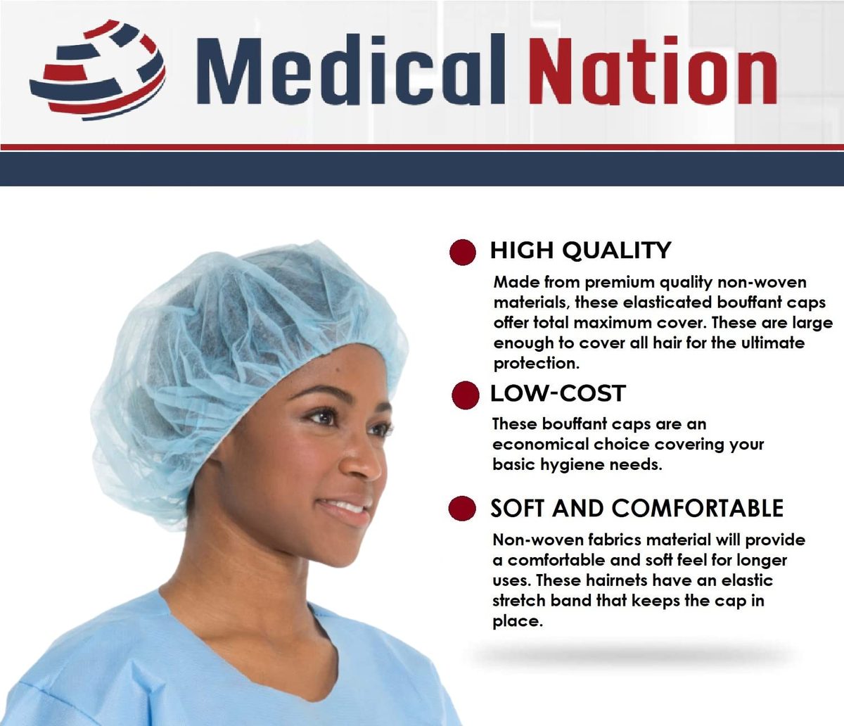 MEDICAL NATION 24 英寸一次性蓬松帽发网 | 100 包，蓝色 | 无纺布、无褶皱发网，适用于餐饮服务、实验室、医疗、工作、纹身、烹饪 | 蓝色，尺寸 24"