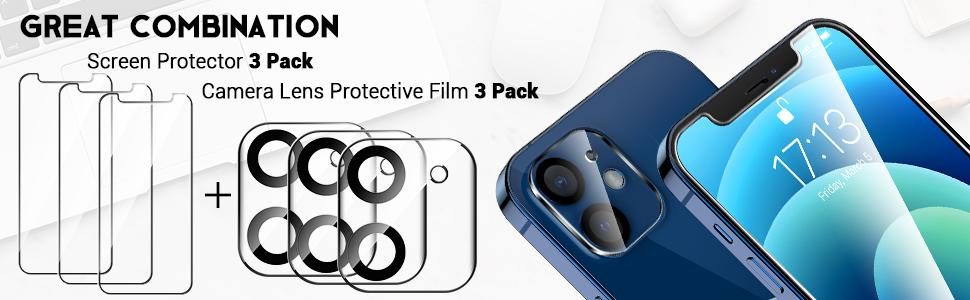 [3+3+1] LK 3 件装 iPhone 12 屏幕保护膜 + 3 件装带对准框的镜头保护膜，[9H] 钢化玻璃，防刮擦，无气泡，适用于 iPhone 12 的光滑触摸屏保护膜，透明，6.1 英寸