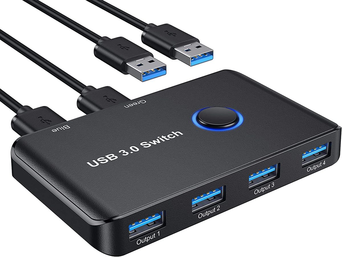 USB 3.0 切换器，ABLEWE USB 切换器 2 台计算机共享 4 个 USB 设备 KVM 切换器盒适用于 PC、打印机、扫描仪、鼠标、键盘，带 2 条装 USB 数据线（兼容 Mac/Windows/Linux）