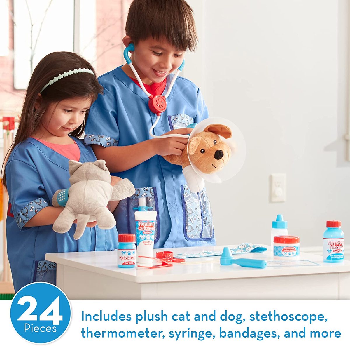 Melissa & Doug 检查和治疗宠物兽医玩具套装（24 件）- 儿童兽医玩具套装，儿童兽医套装，STEAM 玩具，角色扮演医生套装，适合 3 岁以上儿童