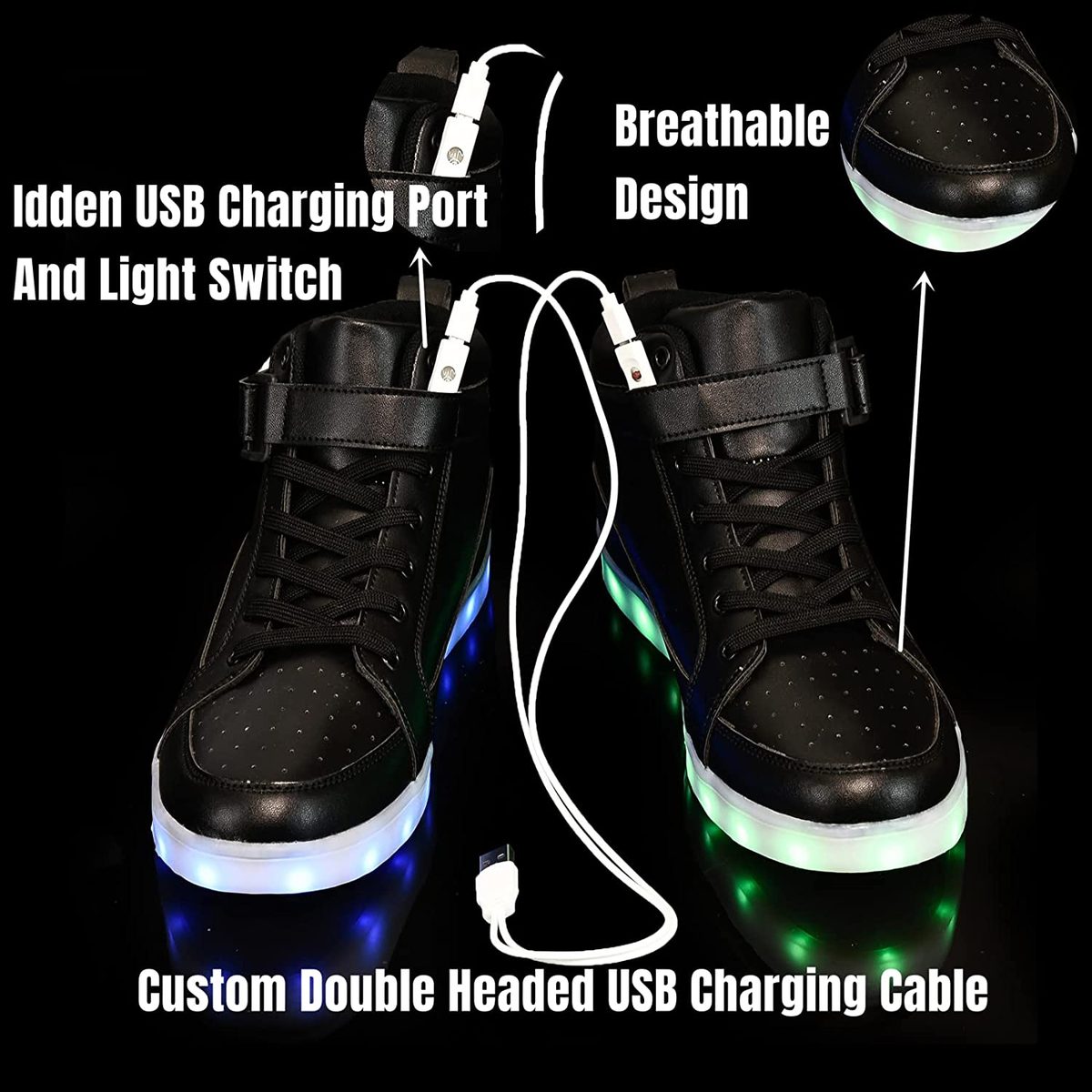 IGxx LED 发光鞋灯男式高帮 LED 运动鞋 USB 充电鞋女式发光发光闪光鞋 LED 儿童