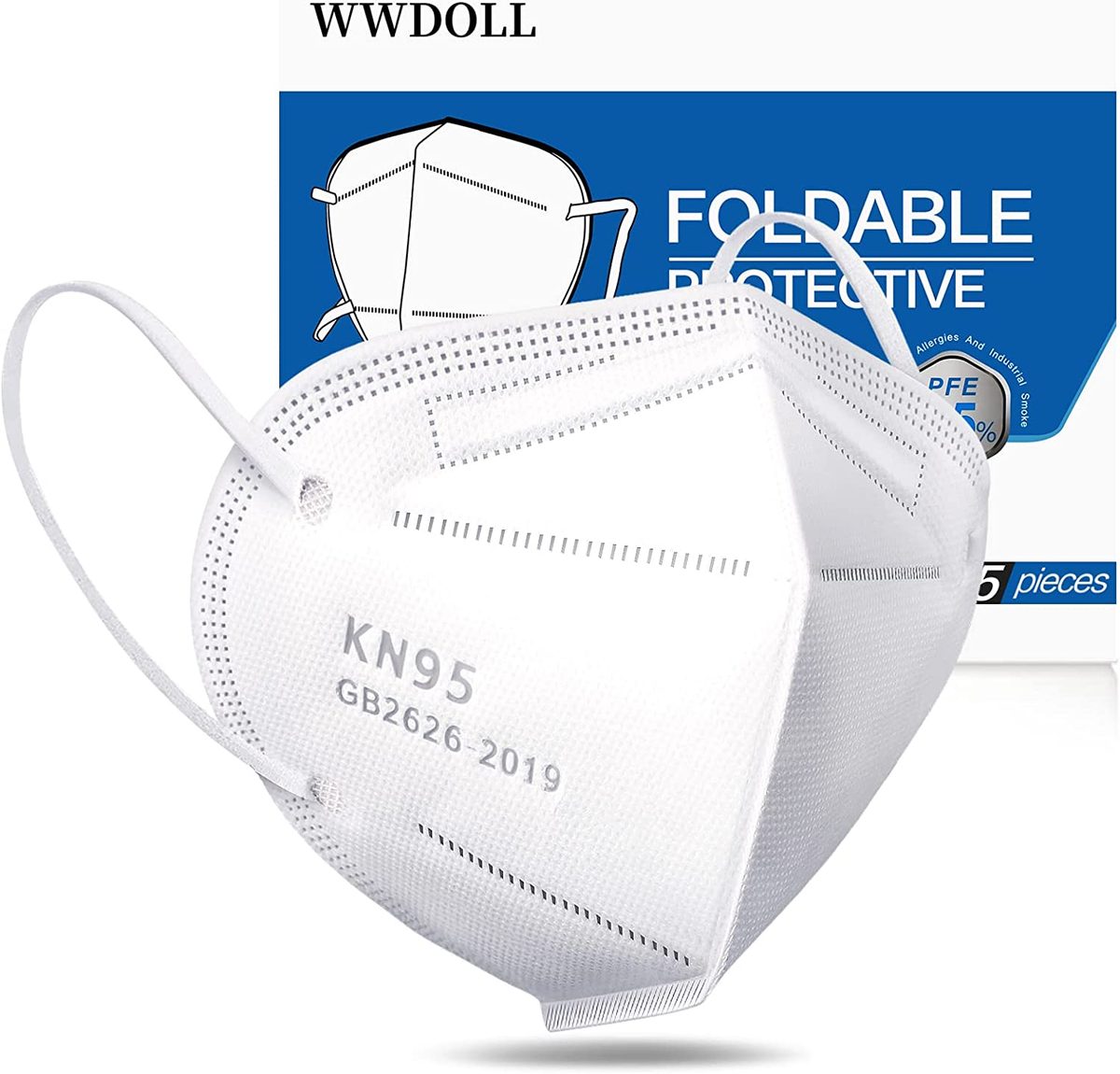 WWDOLL KN95 口罩 25 片装，5 层透气一次性 KN95 口罩，白色