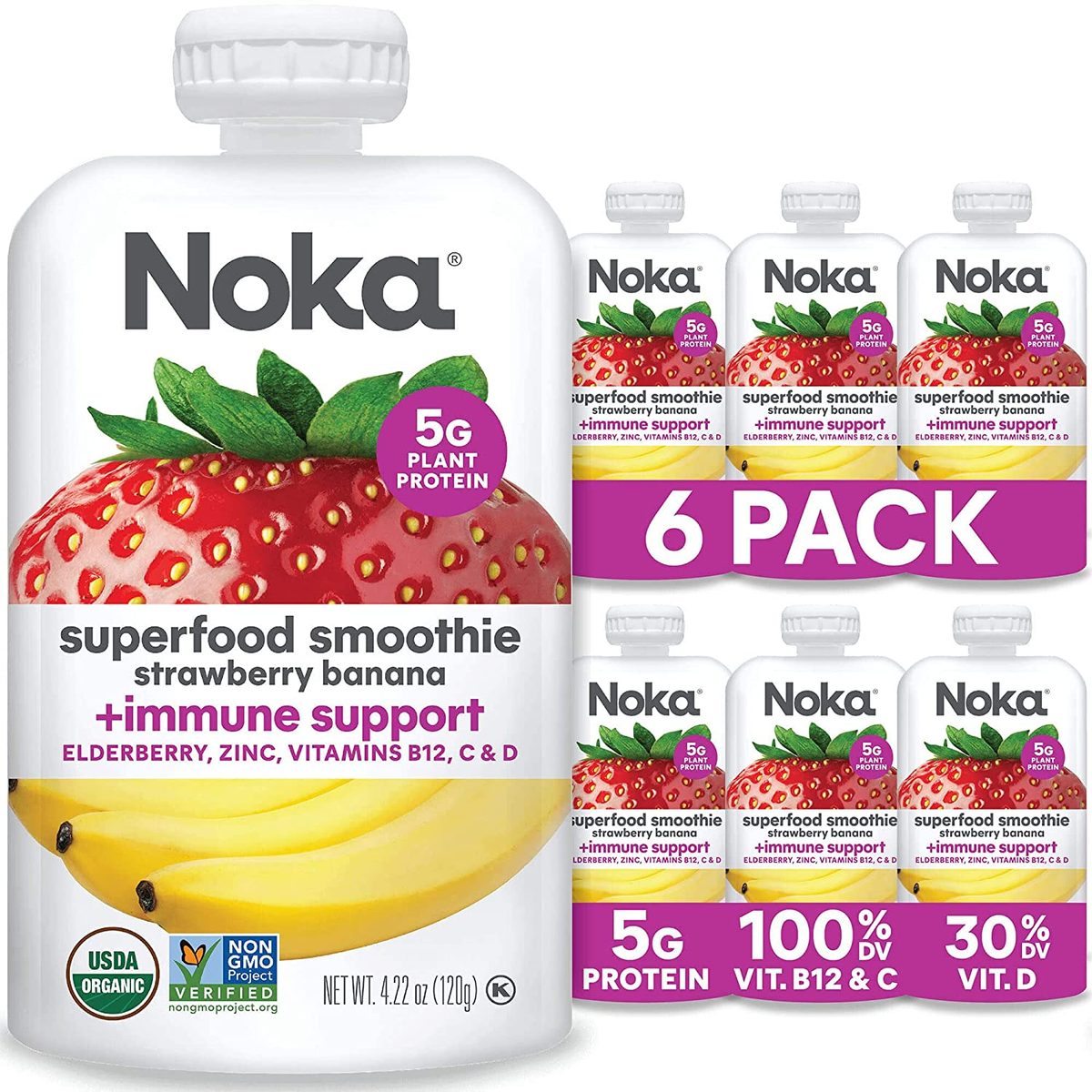 Noka Superfood 水果冰沙袋，具有免疫支持的超级浆果，含亚麻籽、接骨木浆果和植物蛋白的健康零食，不含素食和麸质，有机挤压袋，4.22 盎司，6 件